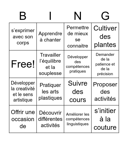 Les activités extrascolaires Bingo Card