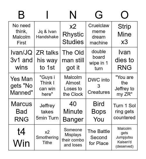 Malcolm Invitationals Bingo Card