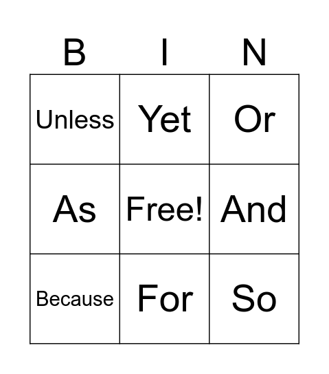 Conjunctions Bingo Card