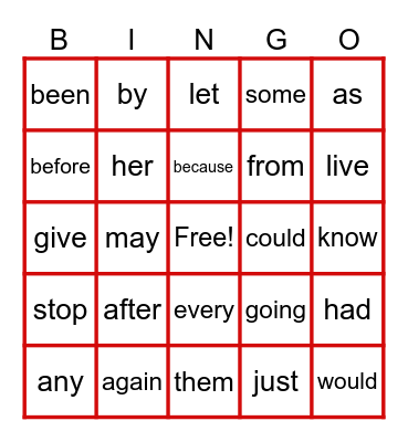 Sight Word BINGO Card