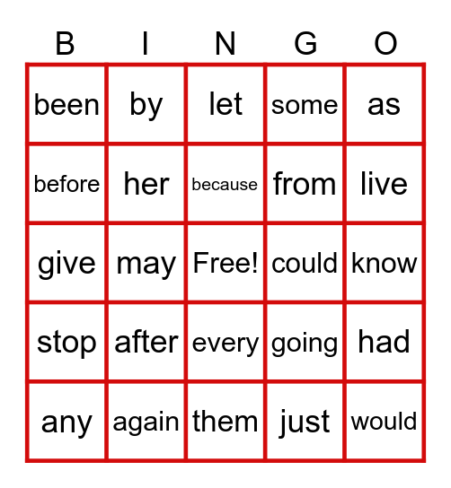Sight Word BINGO Card