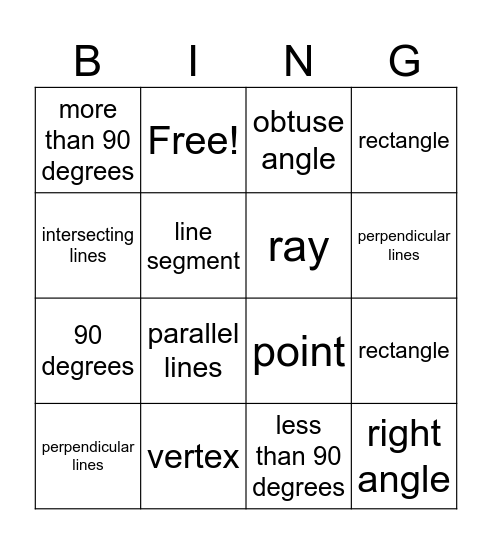Geometry: Points, Lines, and Angles Bingo Card