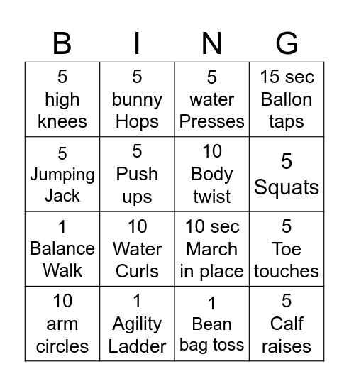 Fitness bingo Card