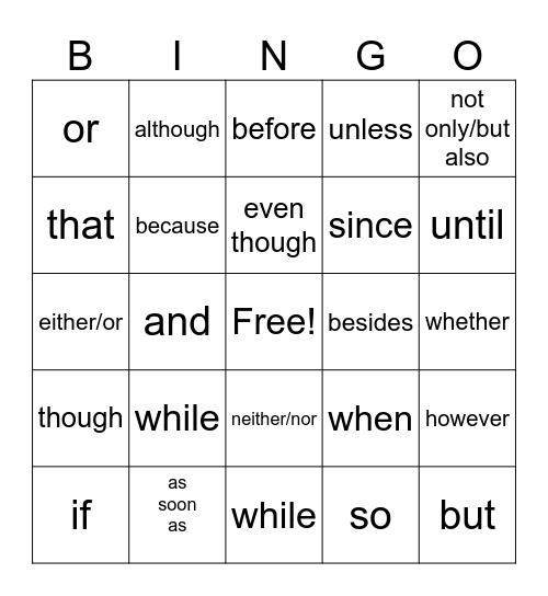 conjunction Bingo Card