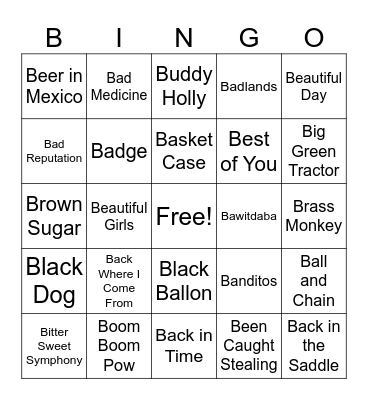B Songs Bingo Card