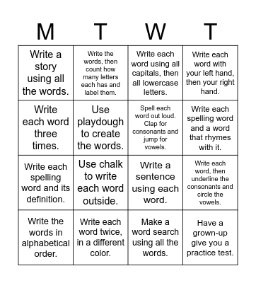 Spelling Word Bingo! Bingo Card