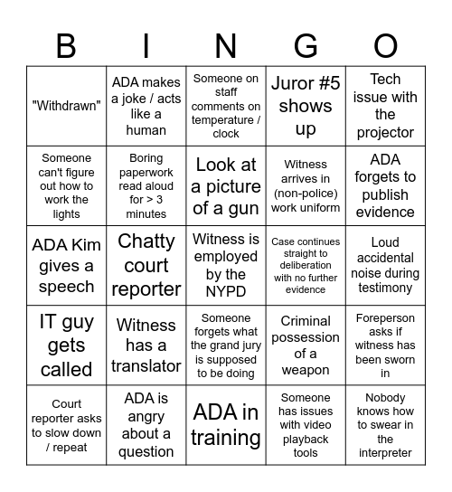Grand Jury Bingo Card
