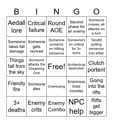 Sundering Bingo Card