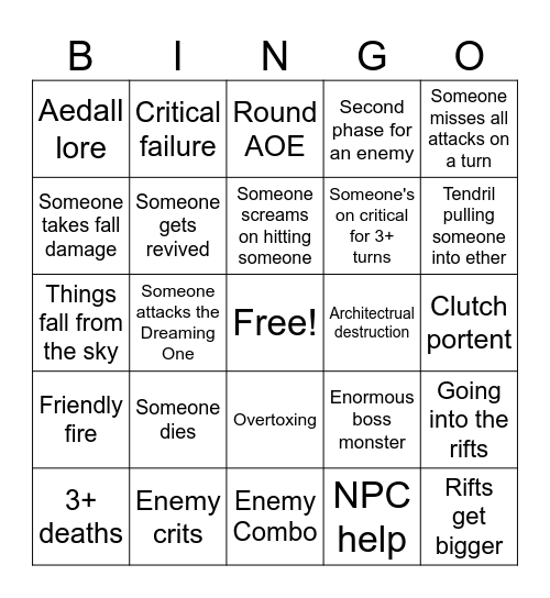 Sundering Bingo Card