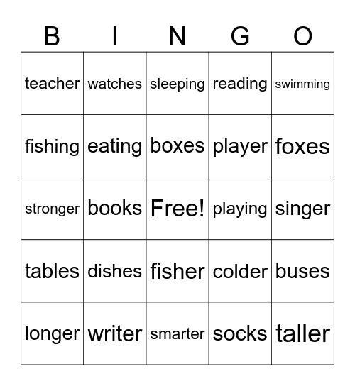 Suffix -s, -es, -er, -ing Bingo Card
