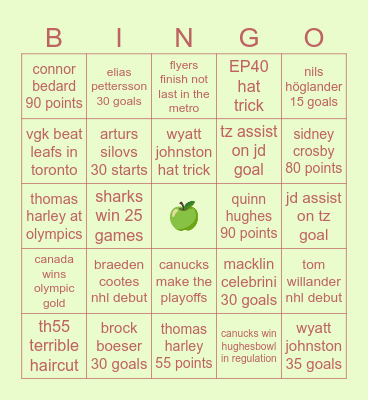 25/26 nhl bingo Card