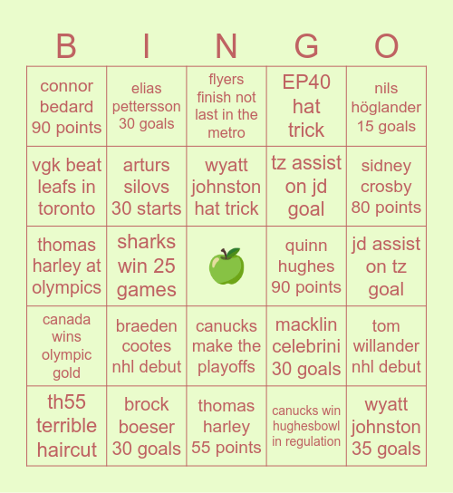 25/26 nhl bingo Card