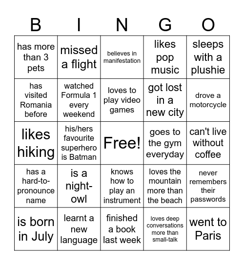 Get to know eachother Bingo Card