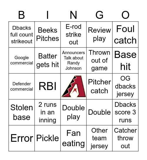 Dbacks Bingo Card