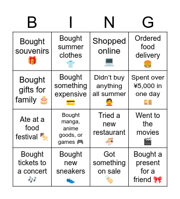 Shopping Bingo Card