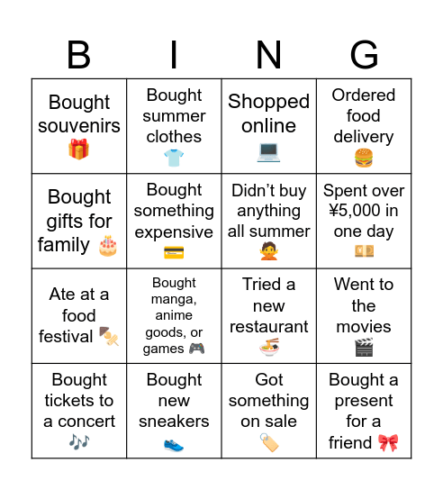 Shopping Bingo Card