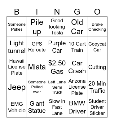 Road trip Bingo Card
