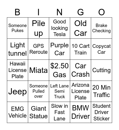 Road trip Bingo Card