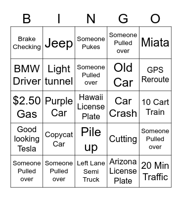 Road trip Bingo Card