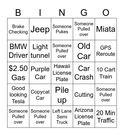 Road trip Bingo Card
