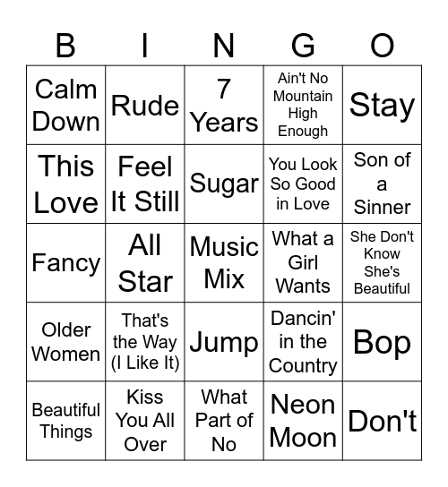 Music Mix Bingo Card