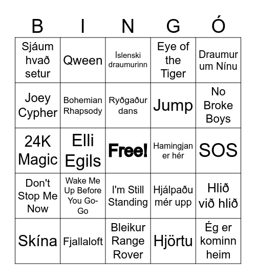 Tónlistarbingó Bingo Card