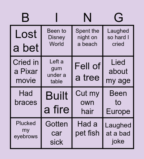 Never Have I Ever Bingo Card