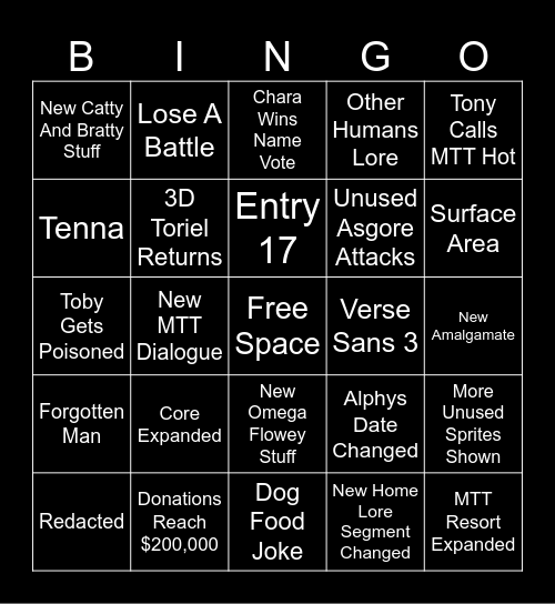 Undertale 10th Anniversary Stream 2 Bingo Card