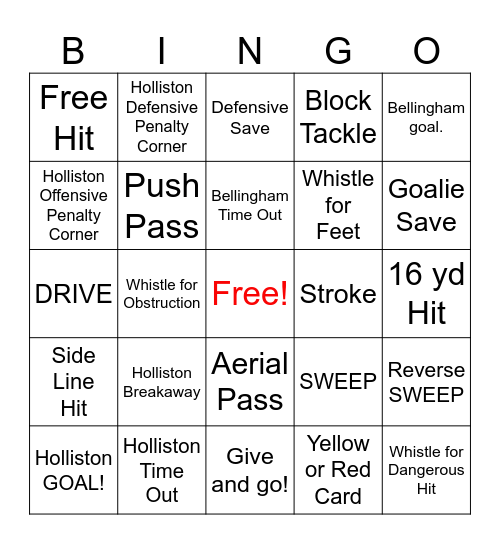Holliston Field Hockey Bingo Card
