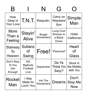 70's Hits Bingo Card