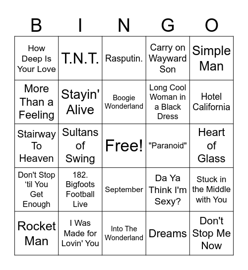 70's Hits Bingo Card
