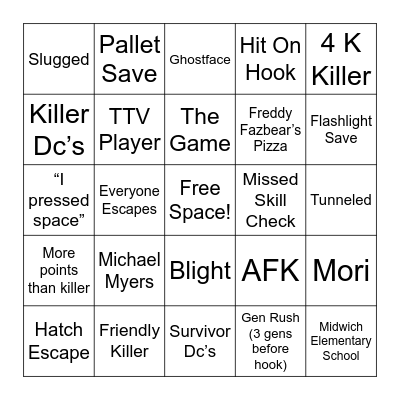 Dead By Daylight Bingo Card