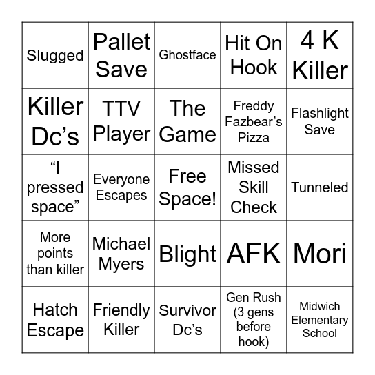 Dead By Daylight Bingo Card
