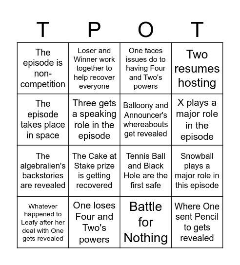TPOT 20 Bingo Card