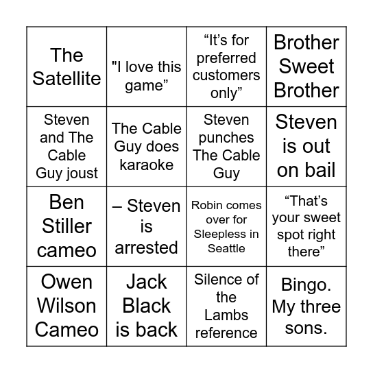 The Cable Guy Movie Bingo Card