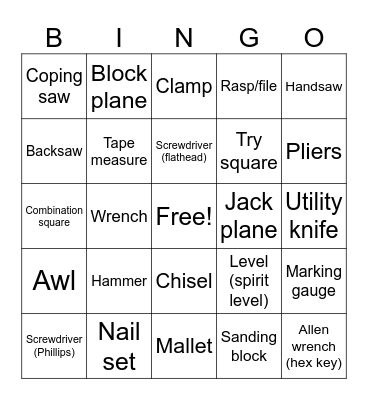 Hand Tool Bingo Card
