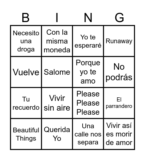 Bingo Musical Naty P Bingo Card