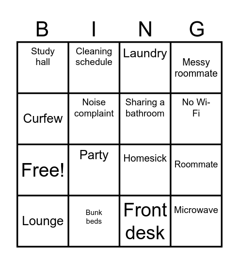 Dorm Life Bingo Card