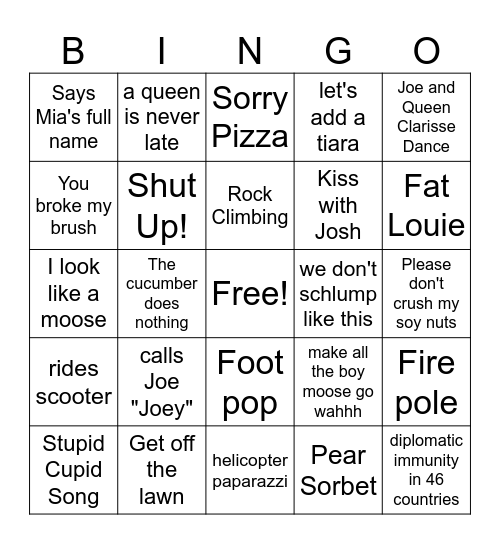 Princess Diaries Bingo Card
