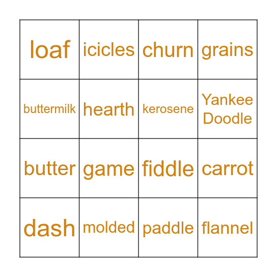 Little House in the Big Woods Bingo Card