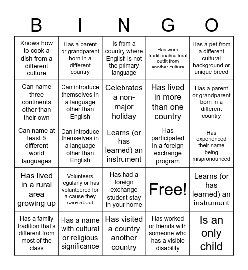 Diversity Bingo Card