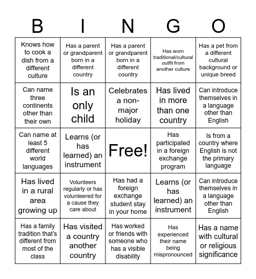 Diversity Bingo Card