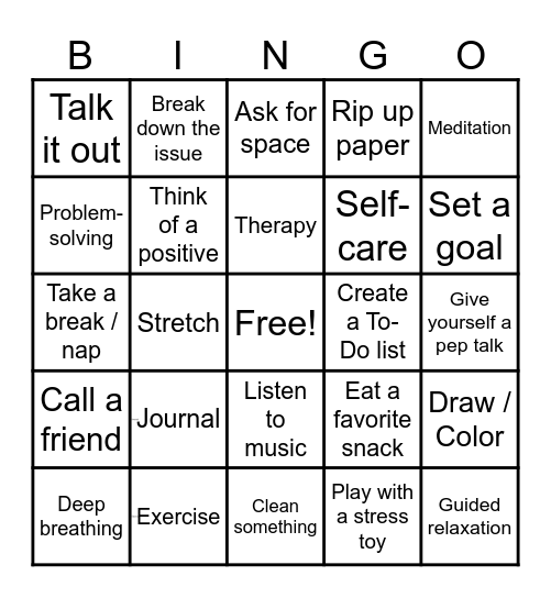 Coping Skills Bingo Card