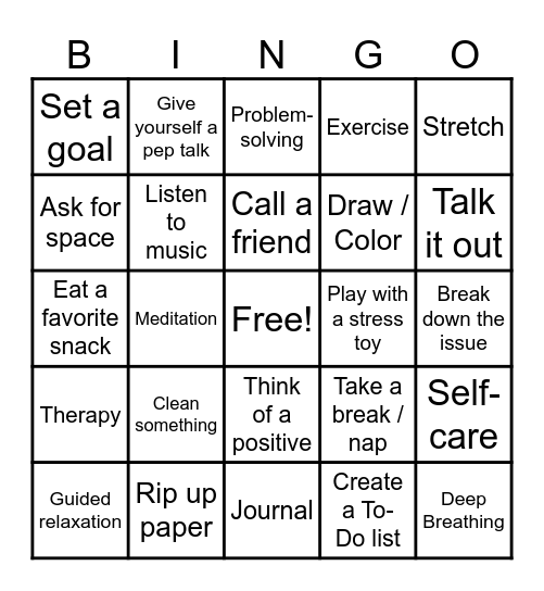 Coping Skills Bingo Card