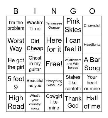 2025 Country Hits Bingo Card