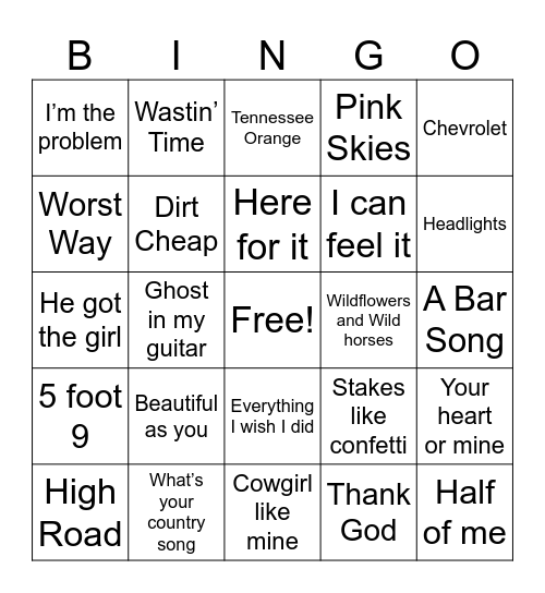 2025 Country Hits Bingo Card