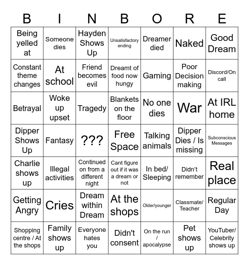 Dream Bingo Card