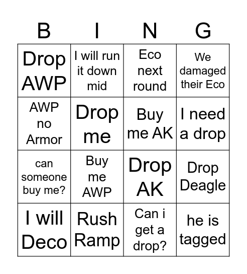 A Washed up CS Player (Ivin) Bingo Card