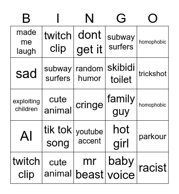youtube short Bingo Card