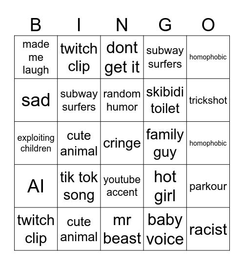 youtube short Bingo Card